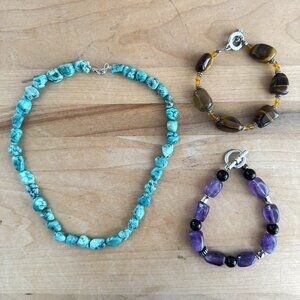 Lot of 3 MIXED STONES NECKLACE AND BRACELETS Turquoise Amethyst Tiger Eye